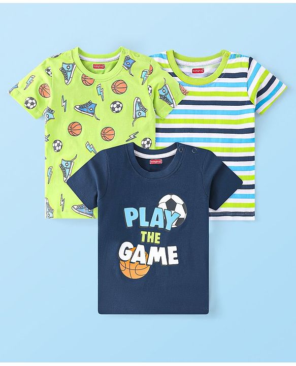 Babyhug Cotton Knit Half Sleeves Sports Printed T-Shirts Pack of 3 - Multicolour