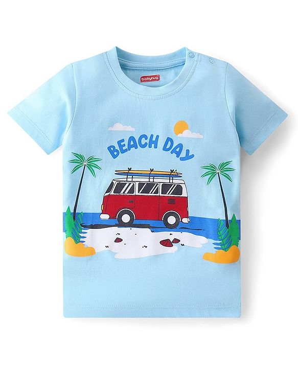 Babyhug Cotton Knit Half Sleeves T-Shirt Beach Print - Blue
