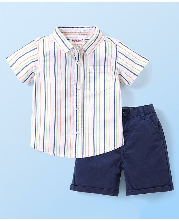 Babyhug Single Jersey Half Sleeves Striped Shirt & Shorts Set - Multicolor