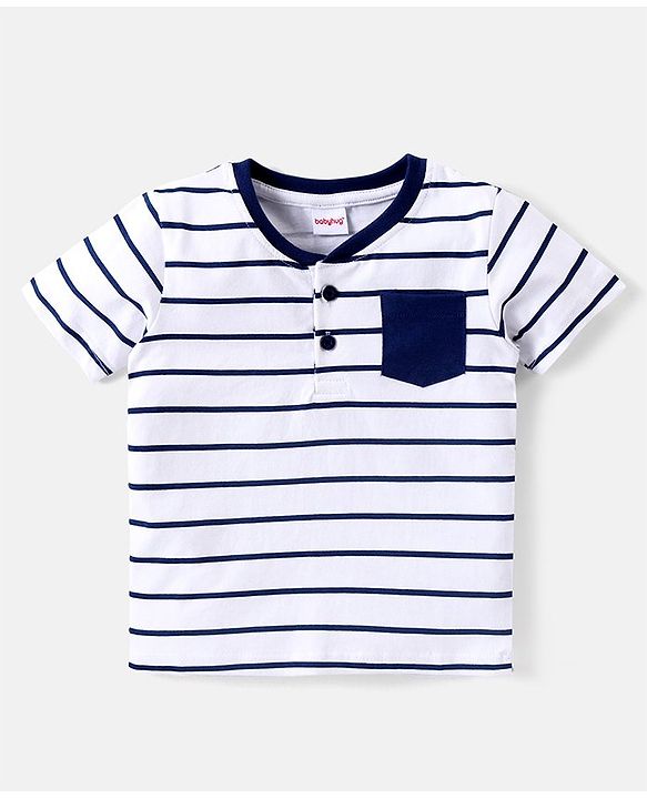 Babyhug Cotton Knit Half Sleeves Stripped Henley T-Shirt with Pocket- White & Navy Blue