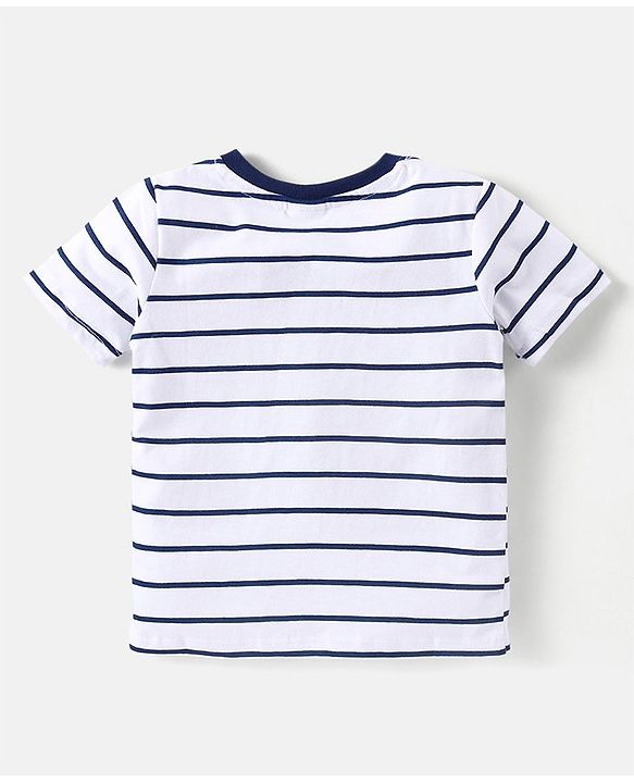 Babyhug Cotton Knit Half Sleeves Stripped Henley T-Shirt with Pocket- White & Navy Blue