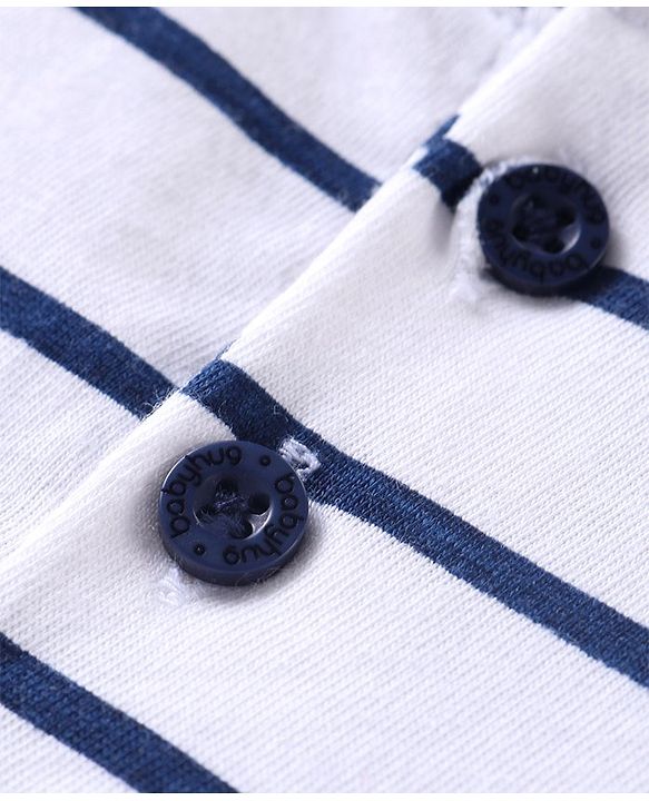 Babyhug Cotton Knit Half Sleeves Stripped Henley T-Shirt with Pocket- White & Navy Blue