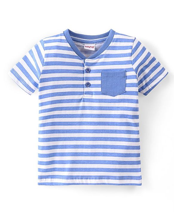 Babyhug Cotton Knit Half Sleeves Striped T-Shirt - Blue