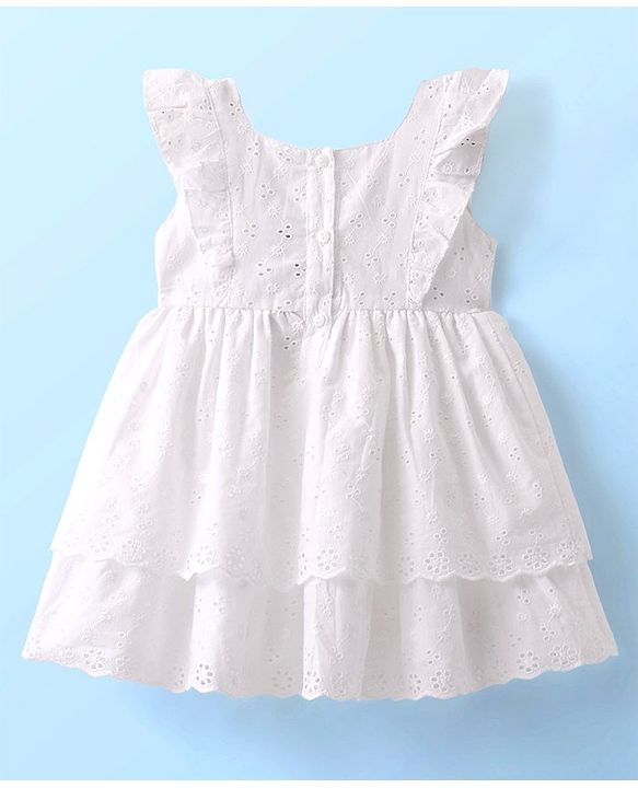 Babyhug 100% Cotton Woven Frill Sleeves Schiffli Frock With Bow Applique- White