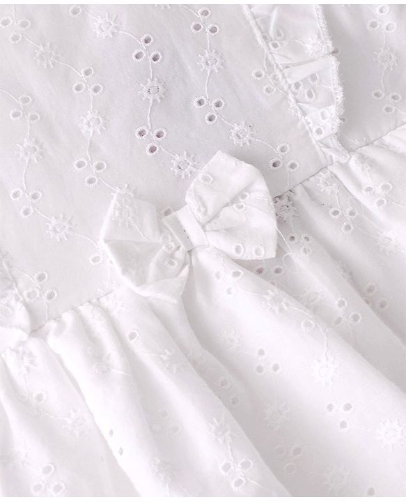 Babyhug 100% Cotton Woven Frill Sleeves Schiffli Frock With Bow Applique- White