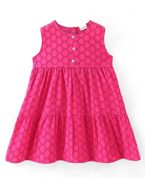 Babyhug Schiffli Woven Sleeveless Tiered Frock - Pink