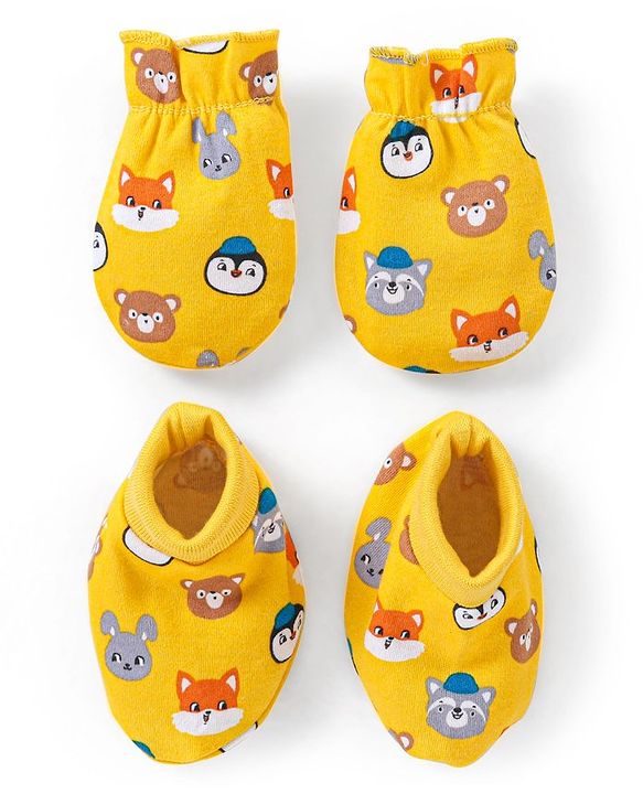 Babyhug 100% Cotton Mittens & Booties Set Animal Print - Yellow