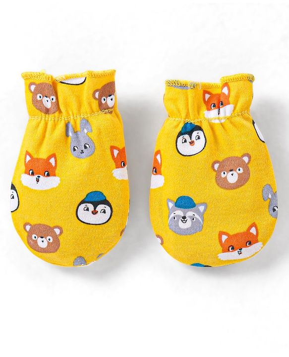 Babyhug 100% Cotton Mittens & Booties Set Animal Print - Yellow