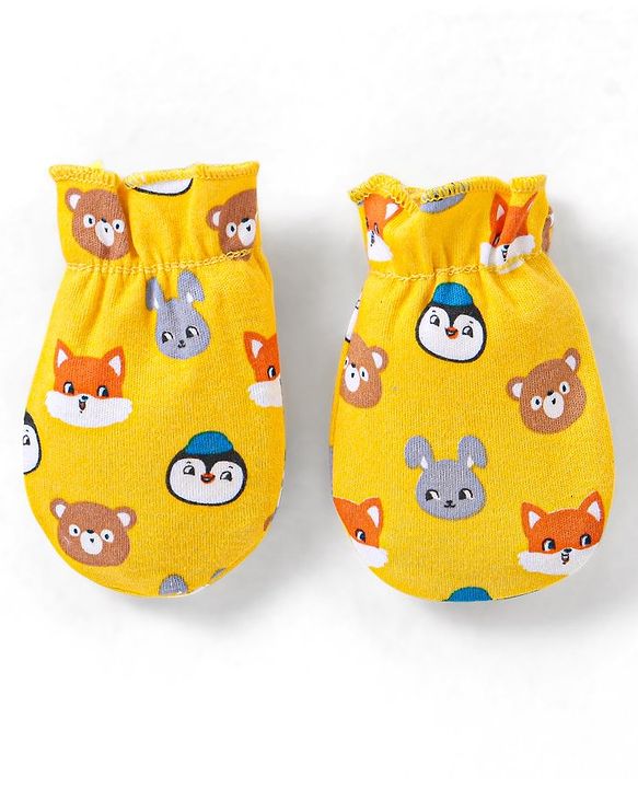Babyhug 100% Cotton Mittens & Booties Set Animal Print - Yellow