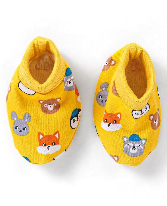 Babyhug 100% Cotton Mittens & Booties Set Animal Print - Yellow