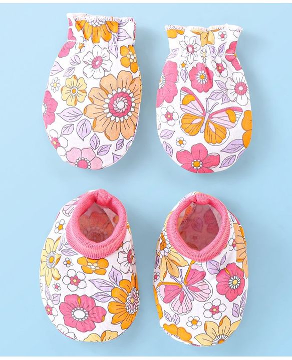 Babyhug 100% Cotton Mittens & Booties Floral Print - Multicolour