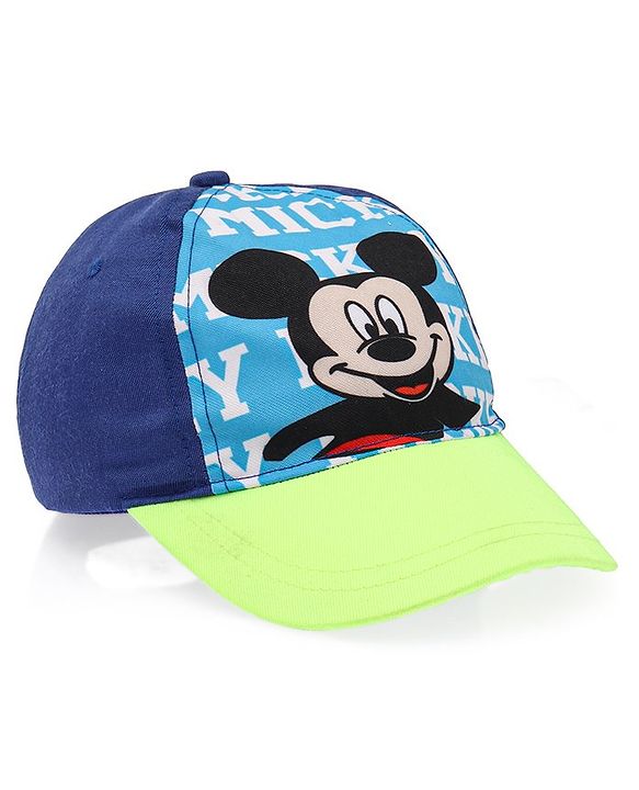 Babyhug Disney Cotton Summer Cap With Mickey Mouse Graphics - Blue & Green