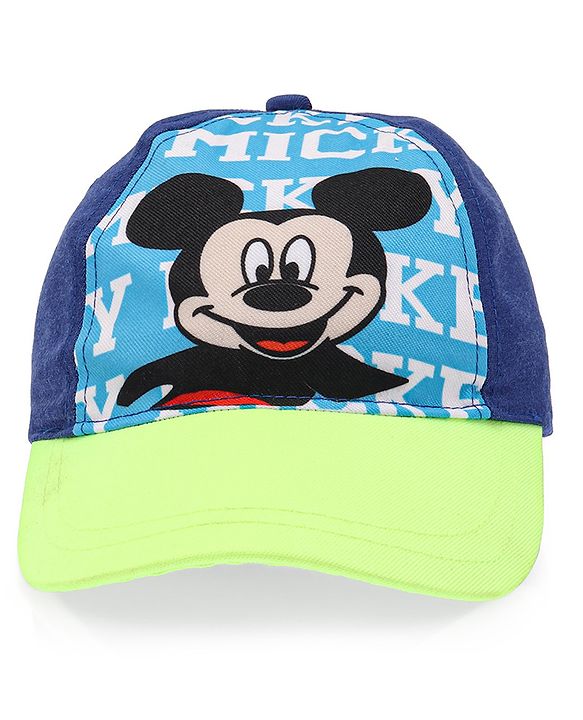 Babyhug Disney Cotton Summer Cap With Mickey Mouse Graphics - Blue & Green