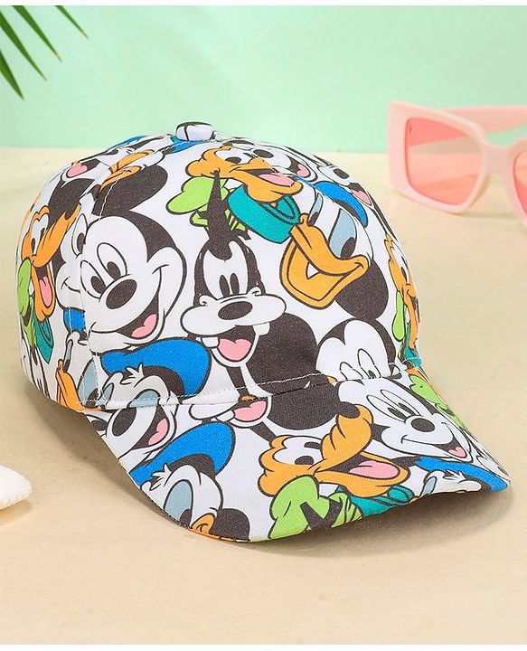 Babyhug Disney Cotton Summer Cap With Mickey Mouse Family All Over Print - Multicolor