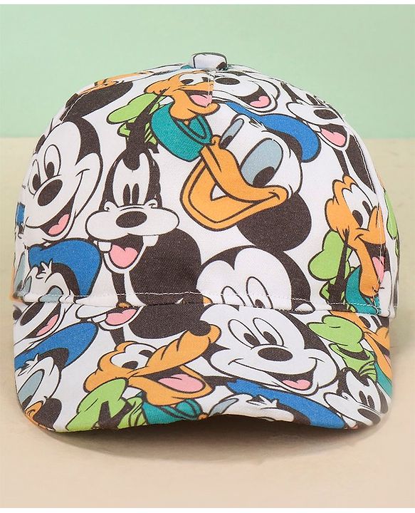 Babyhug Disney Cotton Summer Cap With Mickey Mouse Family All Over Print - Multicolor