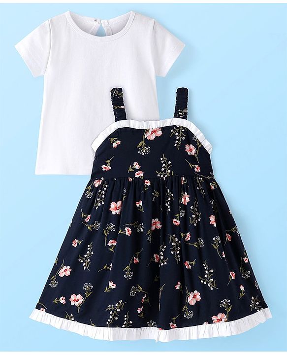 Babyhug Rayon Woven Frock with Half Sleeves Inner Tee Lace Detailing & Floral Print - Navy Blue