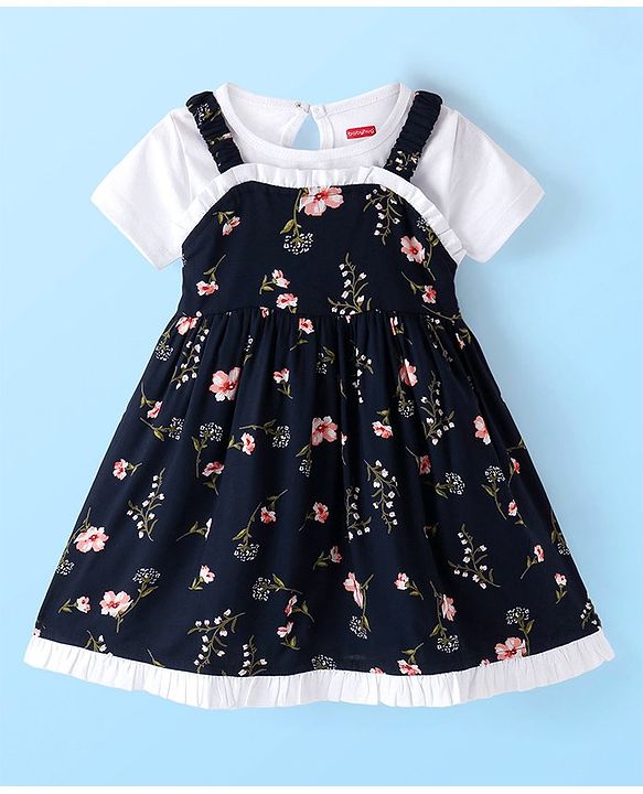 Babyhug Rayon Woven Frock with Half Sleeves Inner Tee Lace Detailing & Floral Print - Navy Blue