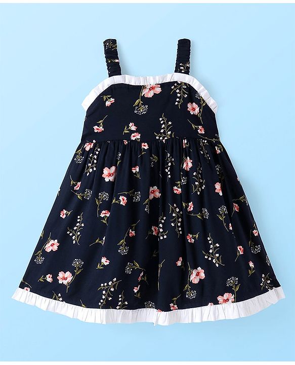 Babyhug Rayon Woven Frock with Half Sleeves Inner Tee Lace Detailing & Floral Print - Navy Blue