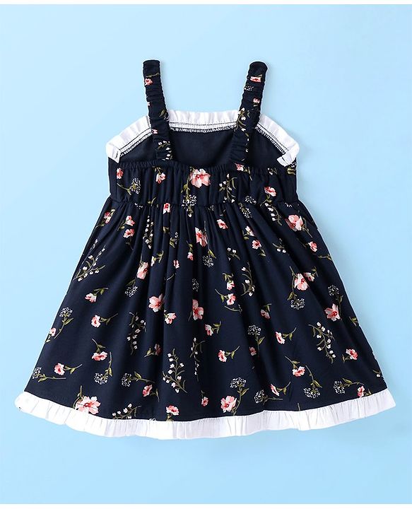Babyhug Rayon Woven Frock with Half Sleeves Inner Tee Lace Detailing & Floral Print - Navy Blue