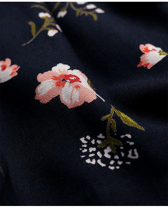 Babyhug Rayon Woven Frock with Half Sleeves Inner Tee Lace Detailing & Floral Print - Navy Blue
