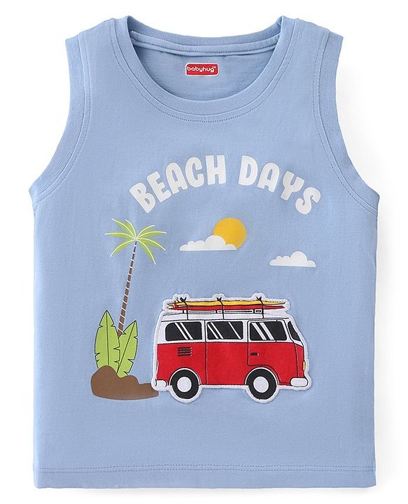 Babyhug Cotton Knit  Sleeveless Tank T-Shirt with Camper Van Print - Blue