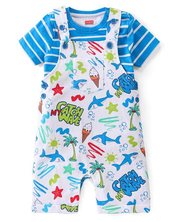 Babyhug Single Jersey Knit Beach Theme Dungaree with Striped Half Sleeves T-Shirt - Blue