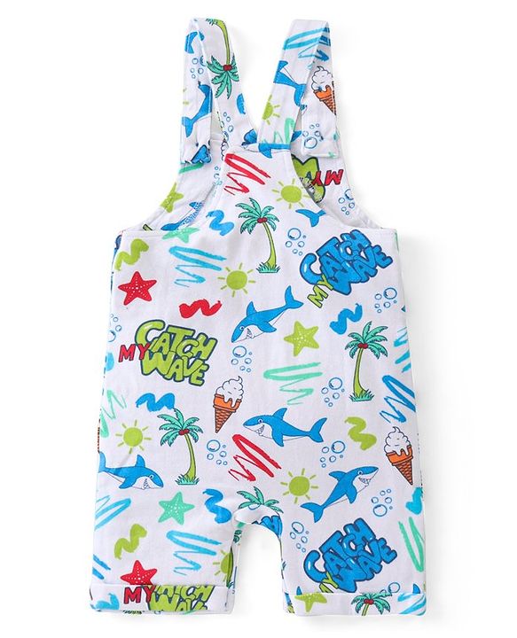 Babyhug Single Jersey Knit Beach Theme Dungaree with Striped Half Sleeves T-Shirt - Blue