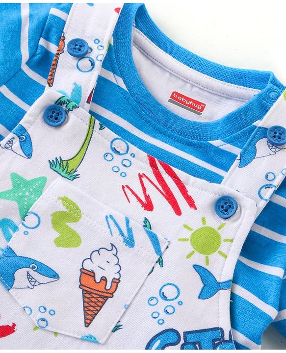 Babyhug Single Jersey Knit Beach Theme Dungaree with Striped Half Sleeves T-Shirt - Blue
