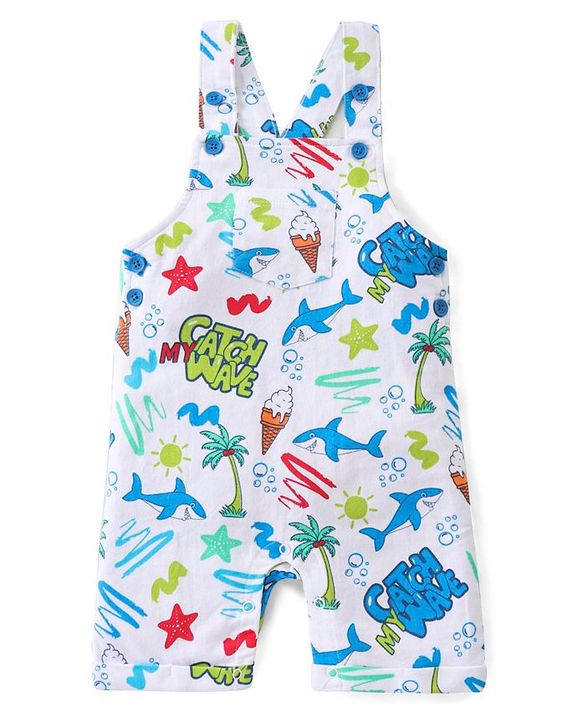 Babyhug Single Jersey Knit Beach Theme Dungaree with Striped Half Sleeves T-Shirt - Blue