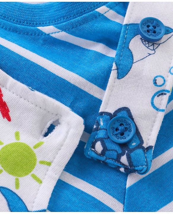Babyhug Single Jersey Knit Beach Theme Dungaree with Striped Half Sleeves T-Shirt - Blue