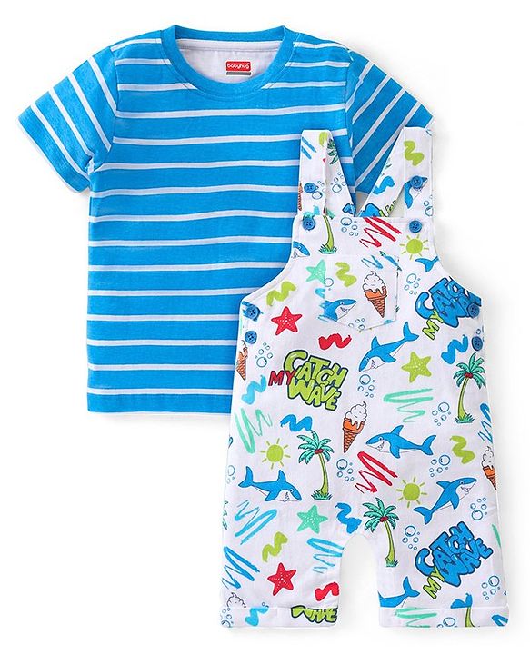 Babyhug Single Jersey Knit Beach Theme Dungaree with Striped Half Sleeves T-Shirt - Blue