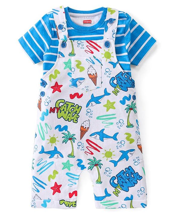Babyhug Single Jersey Knit Beach Theme Dungaree with Striped Half Sleeves T-Shirt - Blue