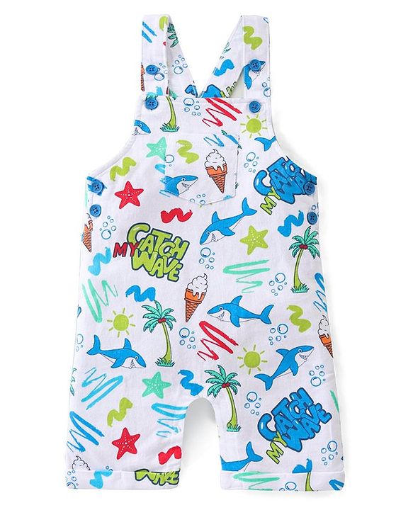 Babyhug Single Jersey Knit Beach Theme Dungaree with Striped Half Sleeves T-Shirt - Blue