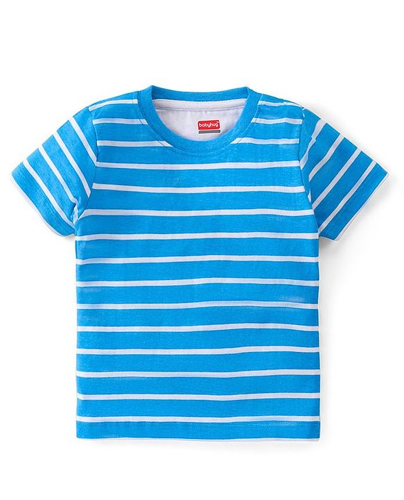 Babyhug Single Jersey Knit Beach Theme Dungaree with Striped Half Sleeves T-Shirt - Blue