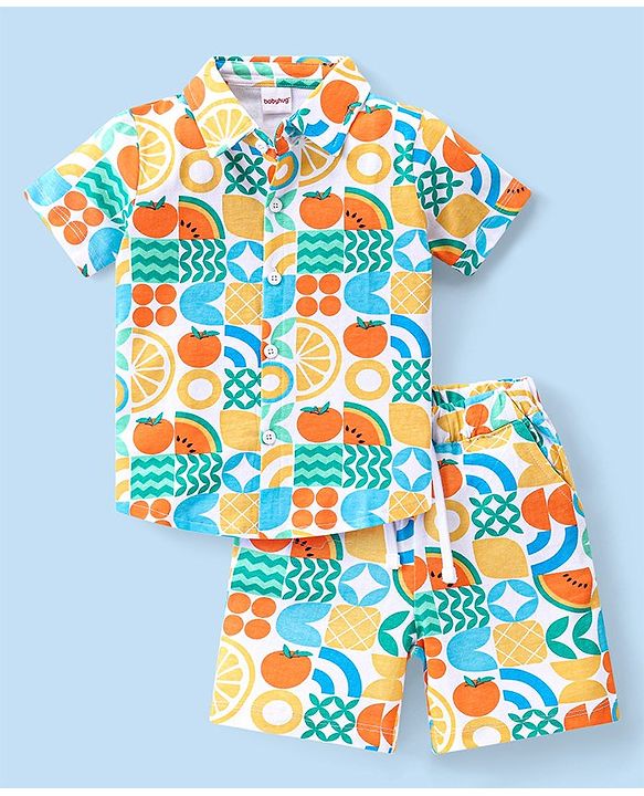 Babyhug Single Jersey Knit Half Sleeves Shirt & Shorts Set With Fruit Print -Multicolor