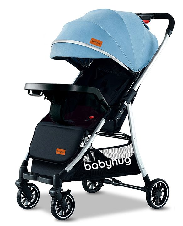 Babyhug Stroller with Reversible Handle Adjustable Backrest & Canopy - Blue| Concealed Link Brake| Suspension Wheels| Removable Food Tray