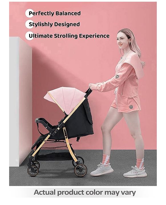 Babyhug Stroller with Reversible Handle Adjustable Backrest & Canopy - Blue| Concealed Link Brake| Suspension Wheels| Removable Food Tray