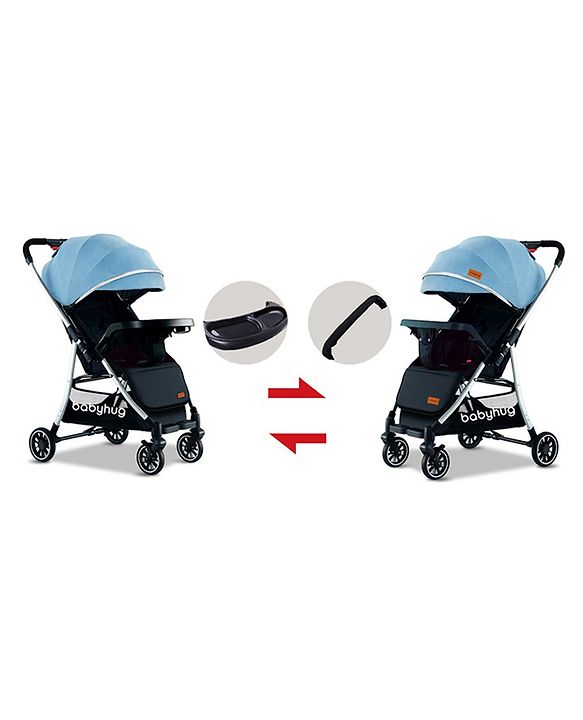 Babyhug Stroller with Reversible Handle Adjustable Backrest & Canopy - Blue| Concealed Link Brake| Suspension Wheels| Removable Food Tray