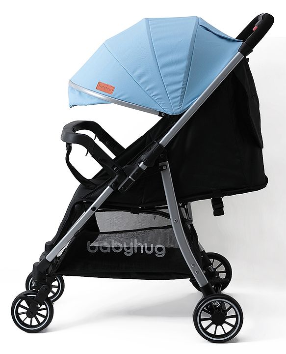 Babyhug Stroller with Reversible Handle Adjustable Backrest & Canopy - Blue| Concealed Link Brake| Suspension Wheels| Removable Food Tray