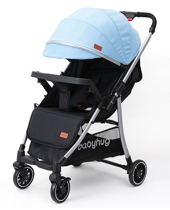 Babyhug Stroller with Reversible Handle Adjustable Backrest & Canopy - Blue| Concealed Link Brake| Suspension Wheels| Removable Food Tray