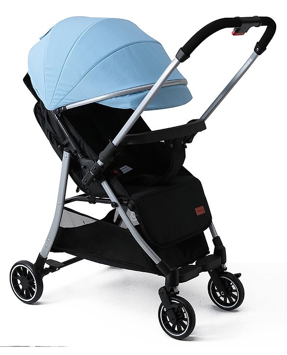 Babyhug Stroller with Reversible Handle Adjustable Backrest & Canopy - Blue| Concealed Link Brake| Suspension Wheels| Removable Food Tray