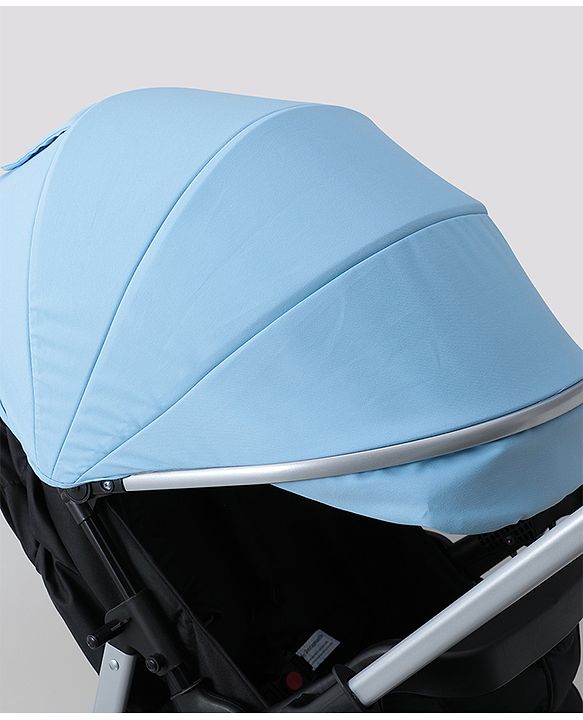 Babyhug Stroller with Reversible Handle Adjustable Backrest & Canopy - Blue| Concealed Link Brake| Suspension Wheels| Removable Food Tray