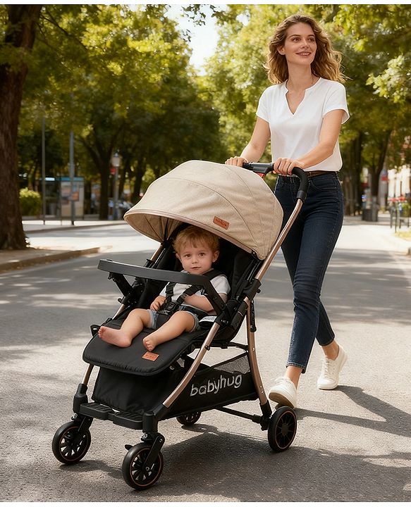 Babyhug Stroller with Reversible Handle Adjustable Backrest & Canopy - Blue| Concealed Link Brake| Suspension Wheels| Removable Food Tray