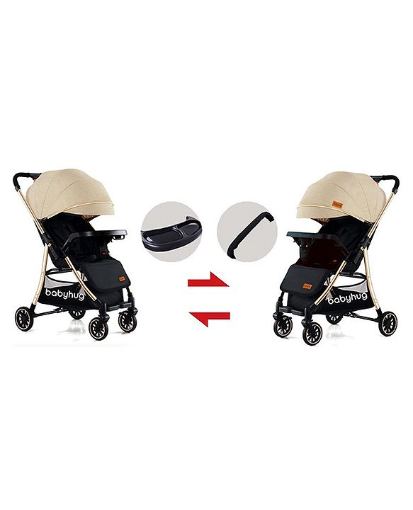 Babyhug Stroller with Reversible Handle Adjustable Backrest & Canopy - Blue| Concealed Link Brake| Suspension Wheels| Removable Food Tray