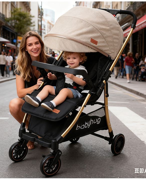 Babyhug Stroller with Reversible Handle Adjustable Backrest & Canopy - Blue| Concealed Link Brake| Suspension Wheels| Removable Food Tray