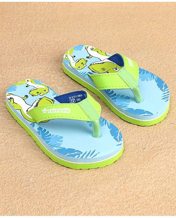 Cute Walk by Babyhug Slip On Flip Flops with Dinosaur Print - Blue & Green