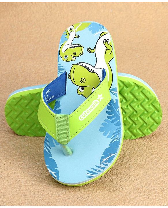 Cute Walk by Babyhug Slip On Flip Flops with Dinosaur Print - Blue & Green
