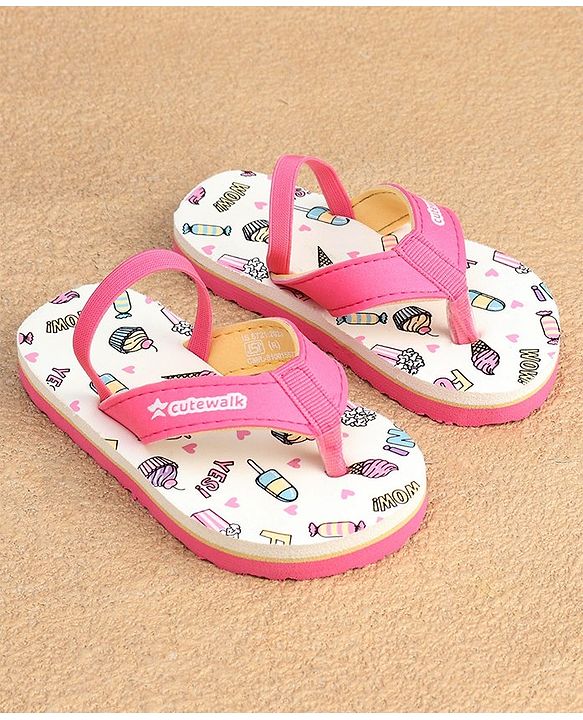 Cute Walk by Babyhug  Flip Flops with Back Strap Heart Print - Pink & White
