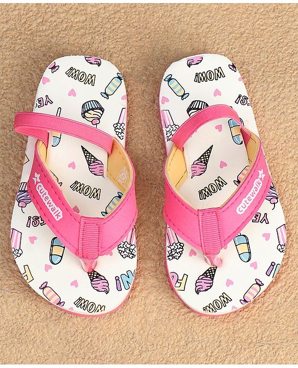 Cute Walk by Babyhug  Flip Flops with Back Strap Heart Print - Pink & White