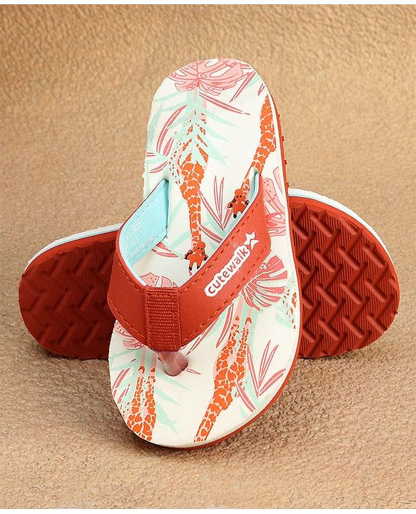 Cute Walk by Babyhug Slip On Flip Flops with Giraffe Print - Orange
